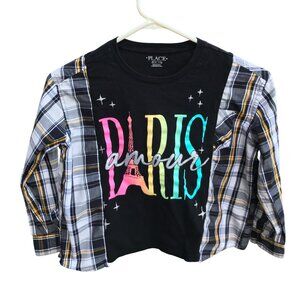 Upcycled Girl’s Cotton Plaid Tee: Oversized Paris Graphic T-Shirt, Child's 8-12